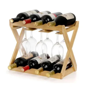 8-Bottle Bamboo Wine Rack with 6 Glass Hangers