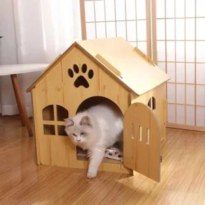 Bamboo Cat House with Paw Print & Windows (4)