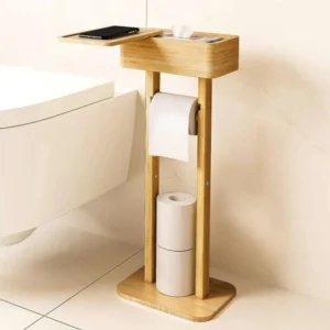Bamboo Toilet Paper Roll Holder with Phone Shelf (1)