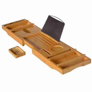 Extendable Bamboo Bathtub Caddy Tray with Tblet Holder (1)