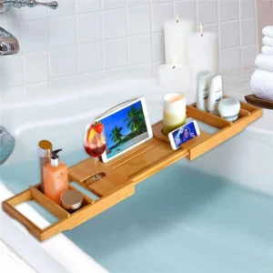 Extendable Bamboo Bathtub Caddy Tray with Tblet Holder (3)