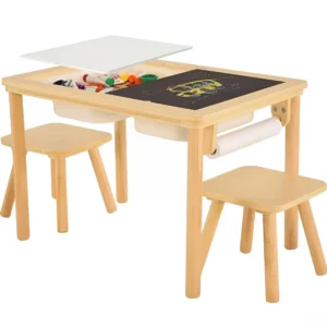 Kids Art Table & 2 Stools Set with Chalkboard & Storage (1)