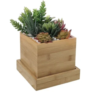 Square Bamboo Planter Pot with Drainage Saucer (1)